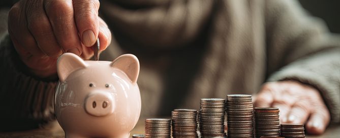 Saving coins in a piggy bank on a wooden table